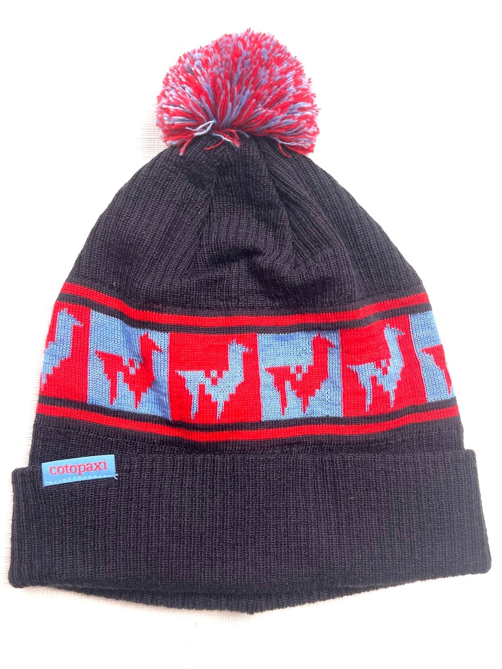 Cotopaxi Wool Blend Beanie With Pom Pom Knit Hat Llama Design Red Blue